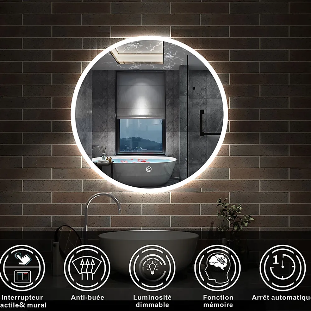 AICA Sanitaire Miroir de salle de bain LED rond de 80cm, dimmable + mémoire + antibuée, avec interrupteur tactile, blanc,