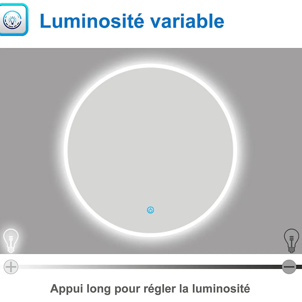 AICA Sanitaire Miroir de salle de bain LED rond de 80cm, dimmable + mémoire + antibuée, avec interrupteur tactile, blanc,