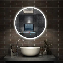 AICA Sanitaire Miroir de salle de bain LED rond de 70cm, dimmable + mémoire + antibuée, avec interrupteur tactile, blanc,