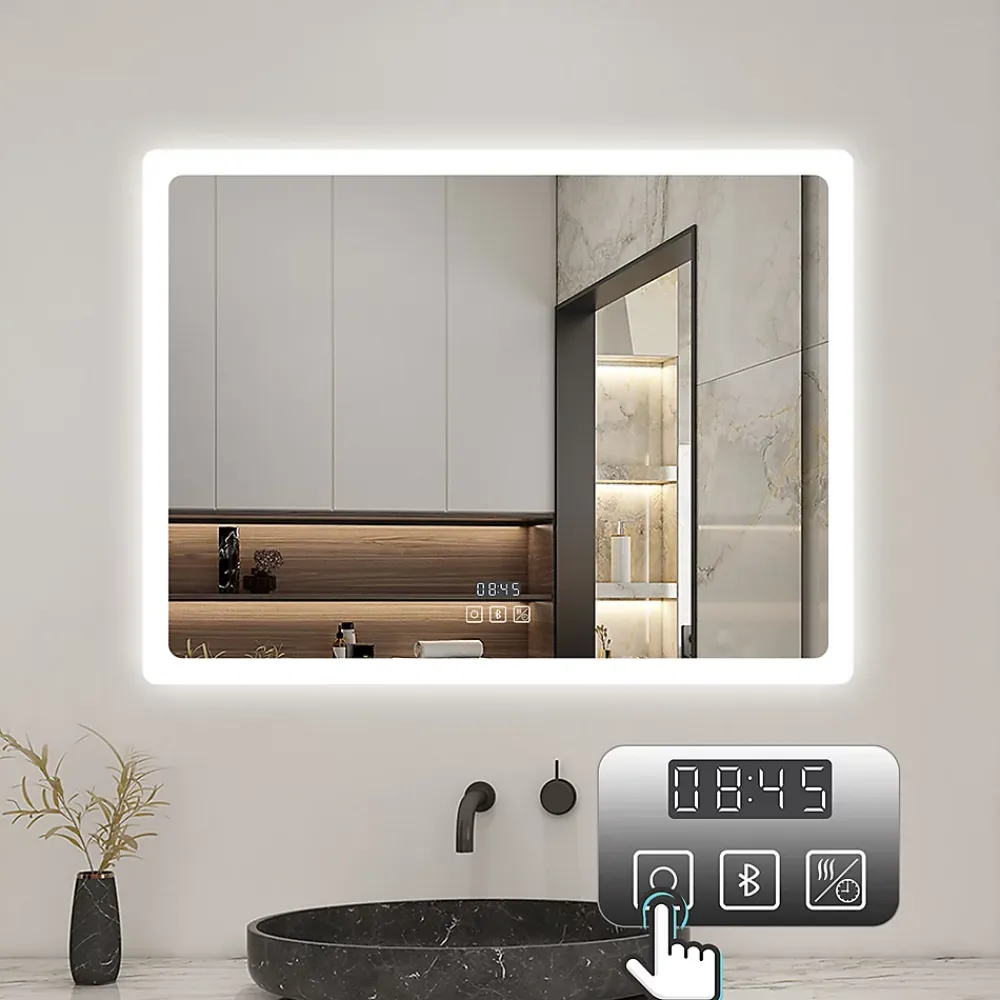 AICA Sanitaire Miroir de salle de bain LED avec bluetooth et horloge, 100x60cm, Tri-color, anti-buée,