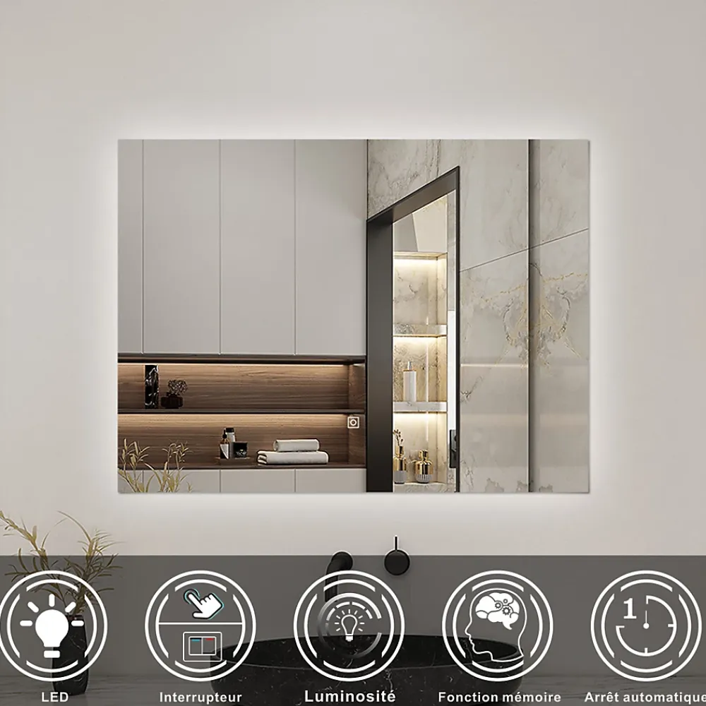 Miroir Lumineux|AICA Sanitaire Miroir de salle de bain LED, 100x60cm, mémoire + dimmable, IP44, 6000K blanc,