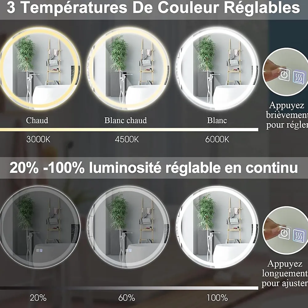 Giantex Miroir de Salle de Bain LED Miroir Mural avec 3 Couleurs de Lumière & Luminosité Réglable Miroir de Coiffeuse LED