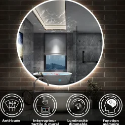 Miroir Lumineux|AICA Sanitaire Miroir de salle de bain LED rond de 120cm, dimmable + mémoire + antibuée, avec interrupteur tactile, blanc,