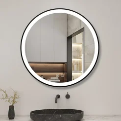 Miroir Lumineux|AICA Sanitaire Miroir de salle de bain LED rond 60 cm avec cadre noir, tricolore + anti-buée + mémoire + gradation infinie,