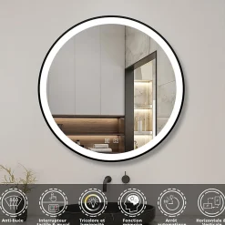 Miroir Lumineux|AICA Sanitaire Miroir de salle de bain LED rond 60 cm avec cadre noir, tricolore + anti-buée + mémoire + gradation infinie,