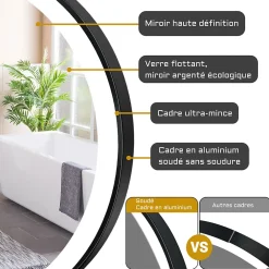 Miroir Lumineux|AICA Sanitaire Miroir de salle de bain LED rond 60 cm avec cadre noir, tricolore + anti-buée + mémoire + gradation infinie,