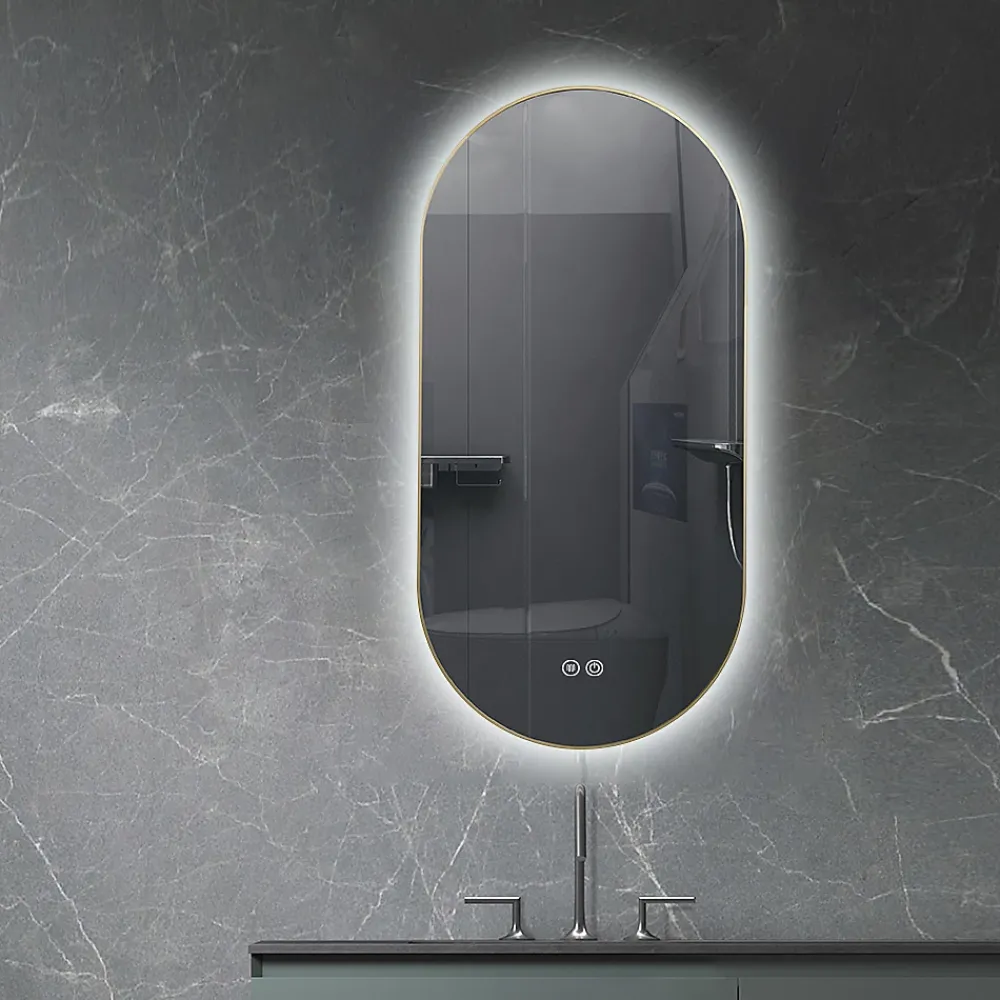 Luxury Bain Miroir de salle de bain LED 45x90cm ovale anti buée avec cadre en aluminium doré, or LuxuryBain
