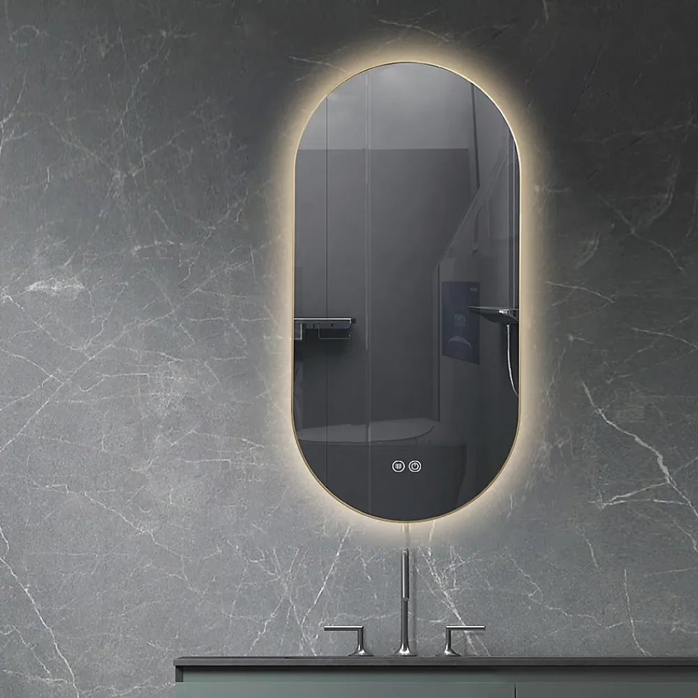 Luxury Bain Miroir de salle de bain LED 45x90cm ovale anti buée avec cadre en aluminium doré, or LuxuryBain