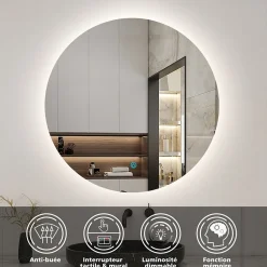 AICA Sanitaire Miroir de salle de bain LED rond 90 cm avec rétro-éclairage sans cadre, anti-buée + mémoire + dimmable,