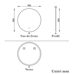 AICA Sanitaire Miroir de salle de bain LED rond 90 cm avec rétro-éclairage sans cadre, anti-buée + mémoire + dimmable,