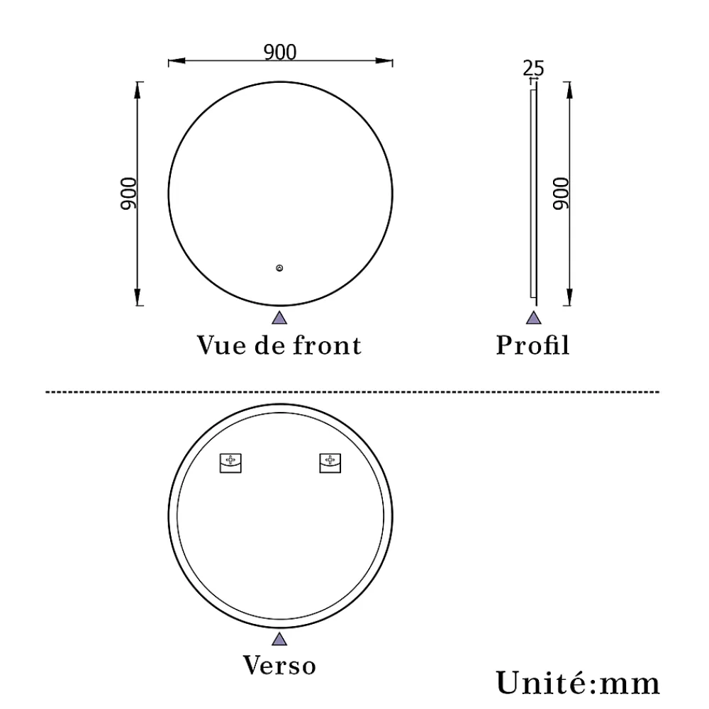 AICA Sanitaire Miroir de salle de bain LED rond 90 cm avec rétro-éclairage sans cadre, anti-buée + mémoire + dimmable,