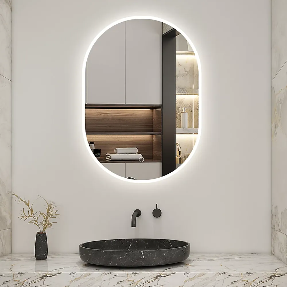 Miroir Lumineux|AICA Sanitaire Miroir de salle de bain ovale 50x90 cm, anti-buée + mémoire + dimmable,