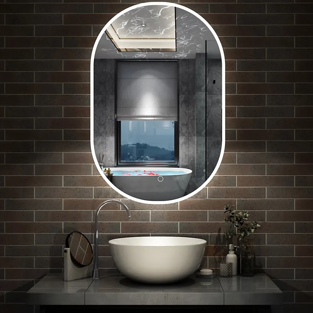 Miroir Lumineux|AICA Sanitaire Miroir de salle de bain ovale 60x100cm, mémoire + dimmable + anti-buée, IP44, 6000K blanc froid,