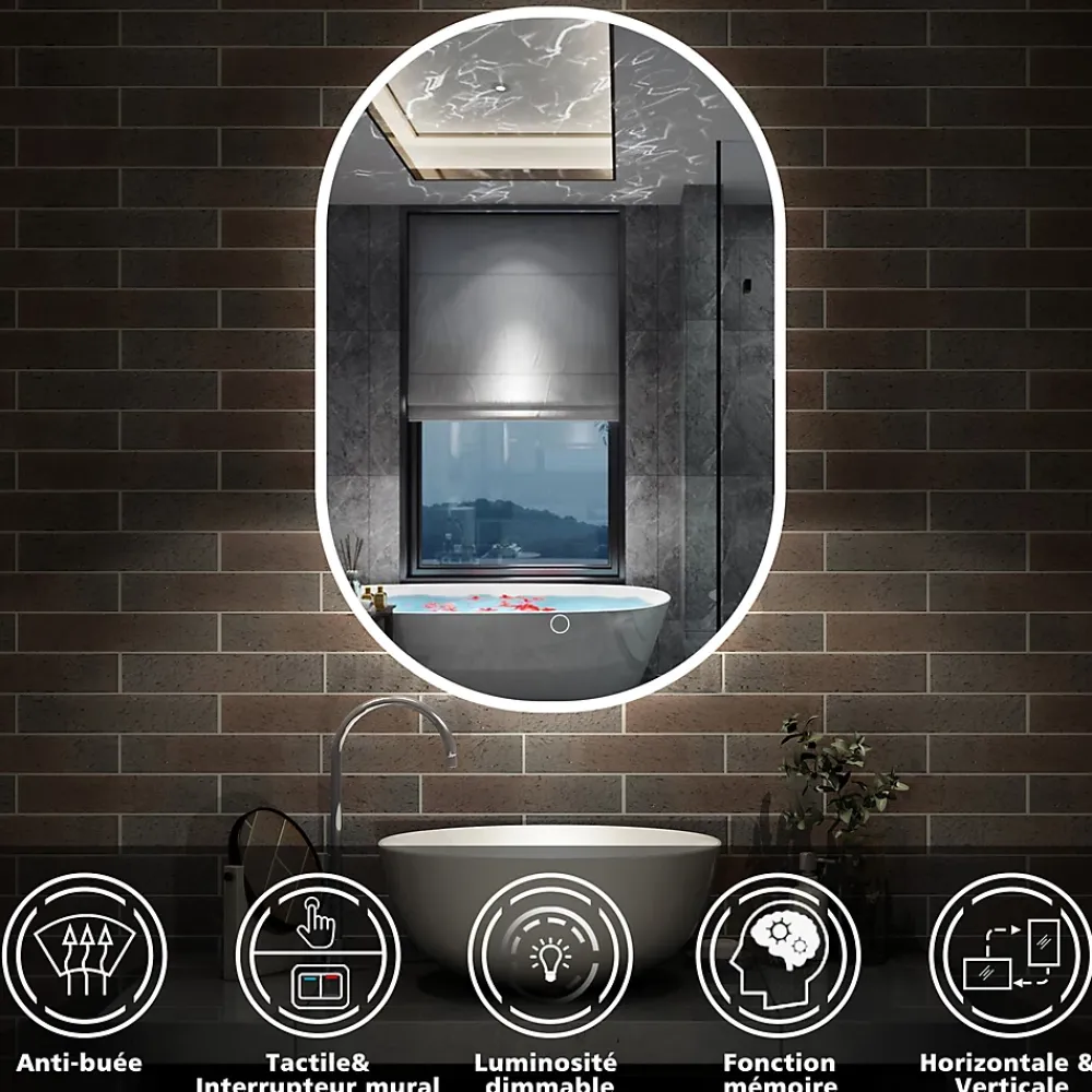 Miroir Lumineux|AICA Sanitaire Miroir de salle de bain ovale 60x100cm, mémoire + dimmable + anti-buée, IP44, 6000K blanc froid,