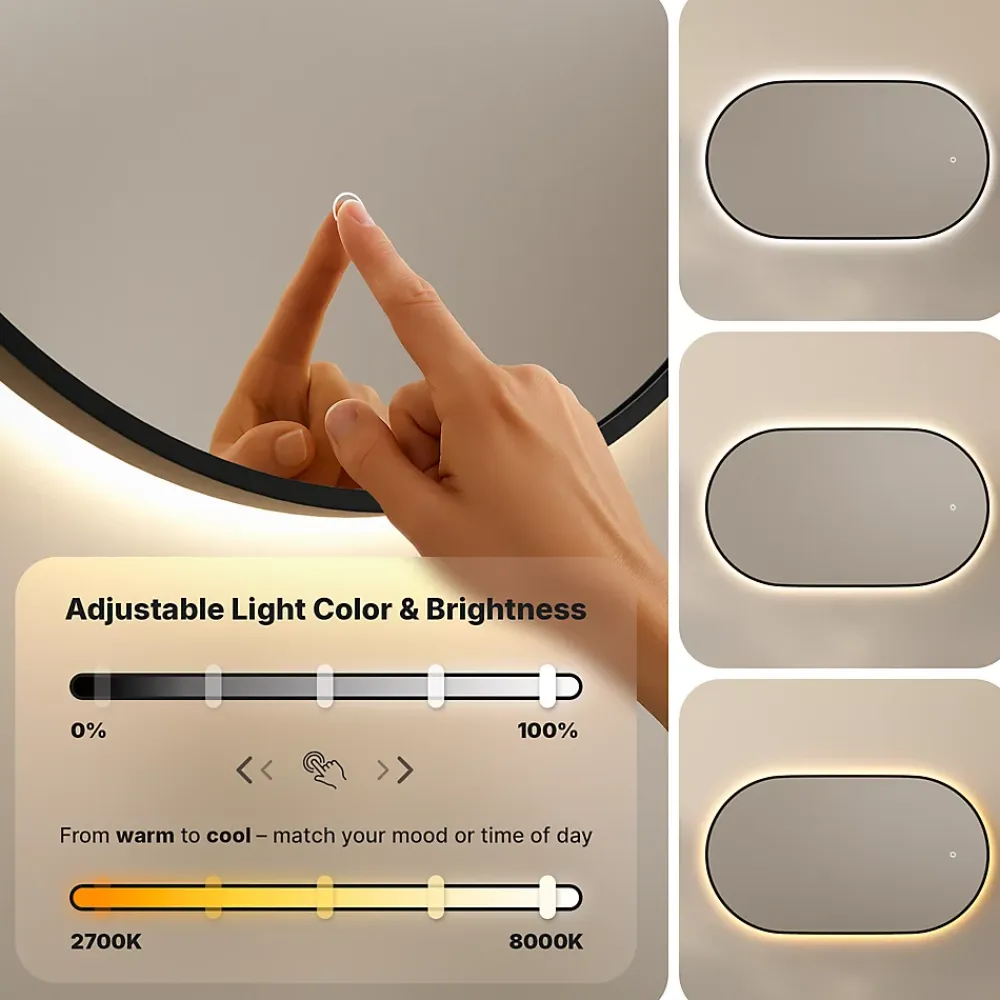 Miroir Grossissant Lumineux|Mirlux Miroir de salle de bain ovale chauffant et éclairé par LED 100x50cm avec cadre noir
