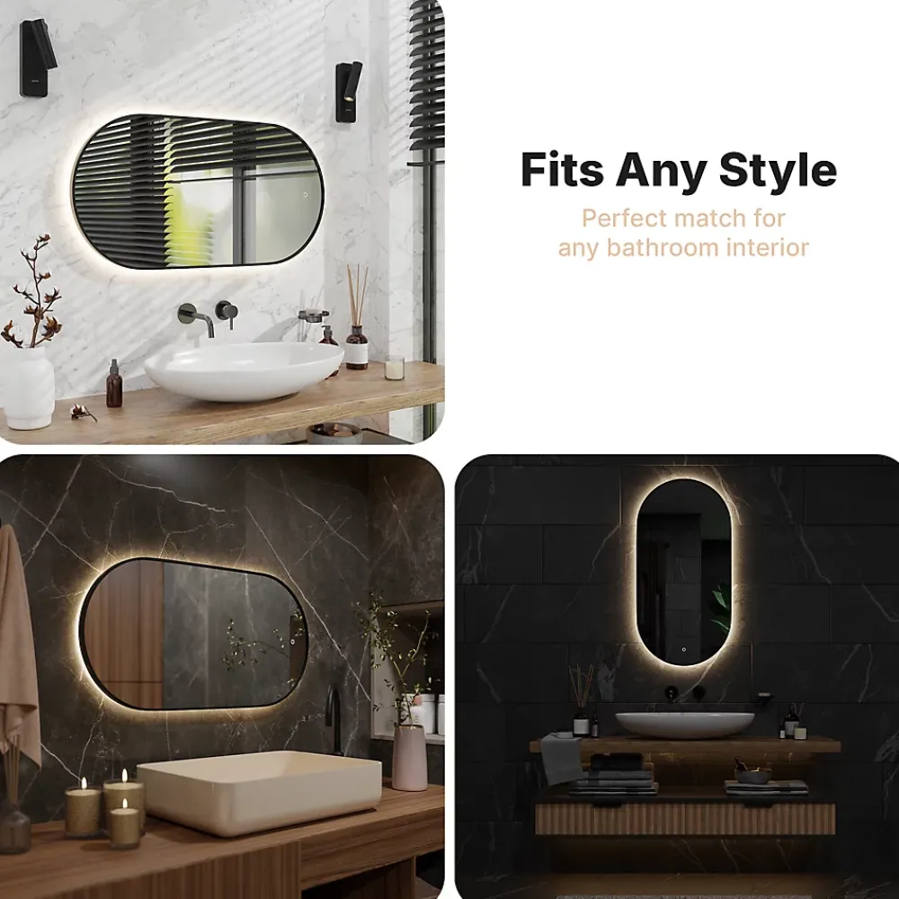 Miroir Grossissant Lumineux|Mirlux Miroir de salle de bain ovale chauffant et éclairé par LED 100x50cm avec cadre noir