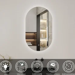 AICA Sanitaire Miroir de salle de bain ovale 60x100cm, mémoire + dimmable, IP44, 6000K blanc froid,