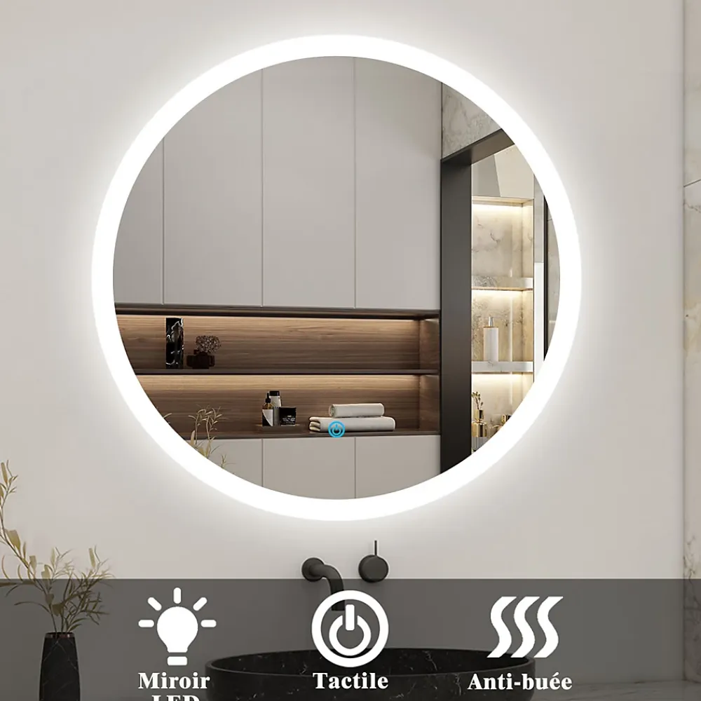 AICA Sanitaire Miroir de salle de bain rond led 60 cm, anti buée Lumière blanche froid 6000K tactile mural,