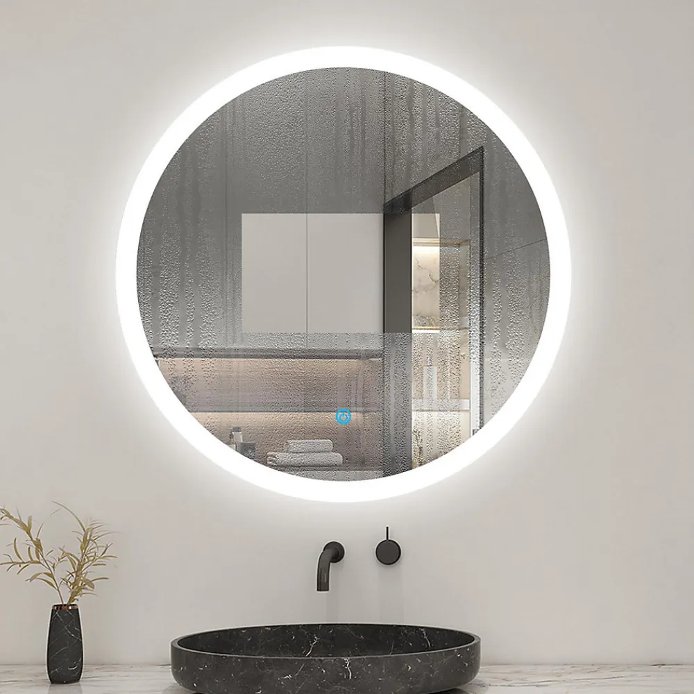 AICA Sanitaire Miroir de salle de bain rond led 60 cm, anti buée Lumière blanche froid 6000K tactile mural,