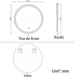 AICA Sanitaire Miroir de salle de bain rond led 60 cm, anti buée Lumière blanche froid 6000K tactile mural,