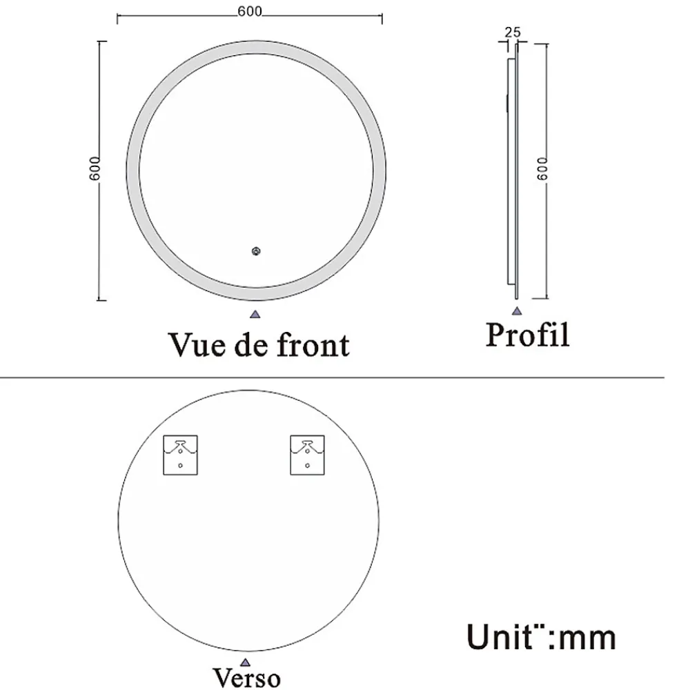 AICA Sanitaire Miroir de salle de bain rond led 60 cm, anti buée Lumière blanche froid 6000K tactile mural,