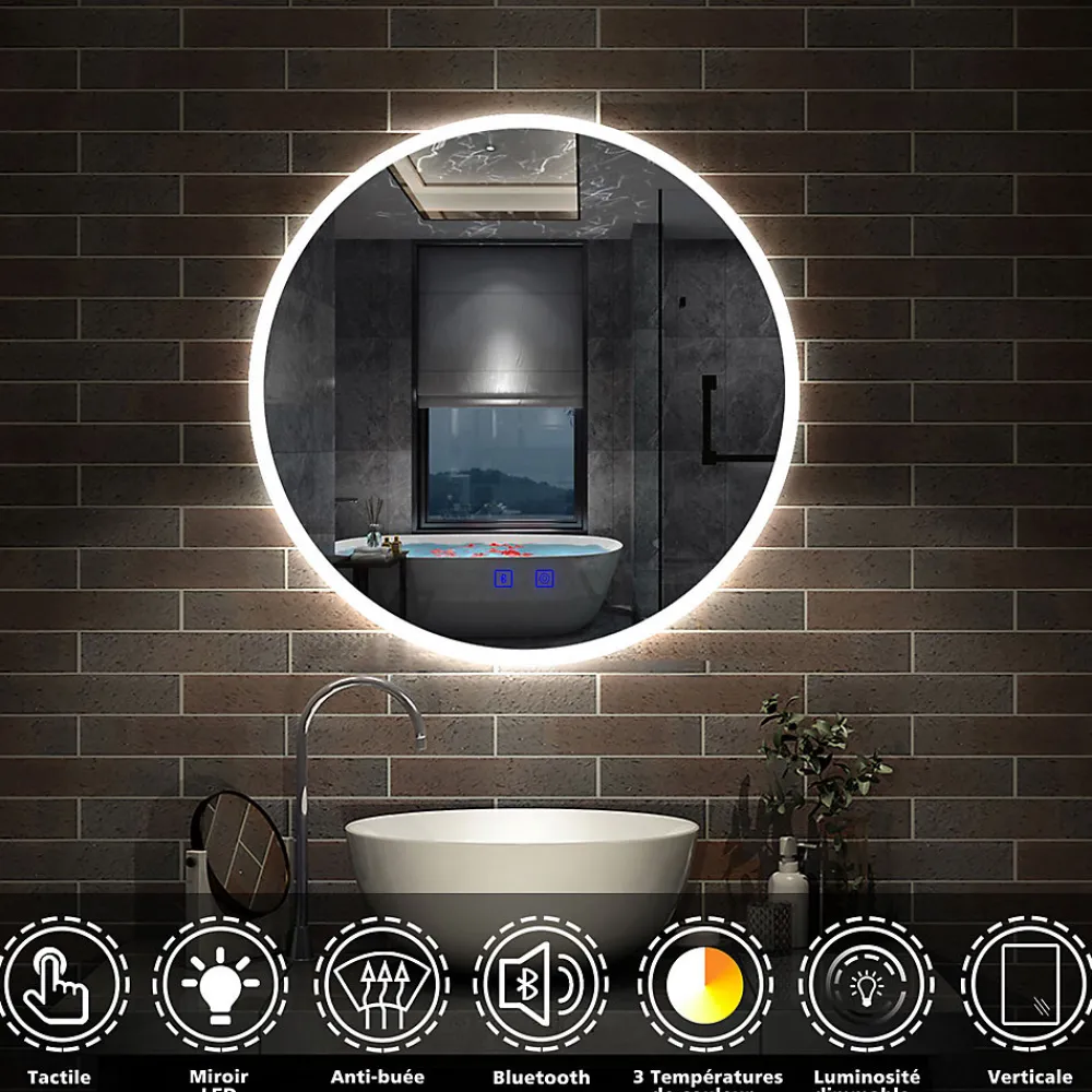 Miroir Lumineux|AICA Sanitaire Miroir de salle de bain rond Bluetooth 80cm tricolore + dimmable + mémoire + anti-buée, IP44 Miroir LED,