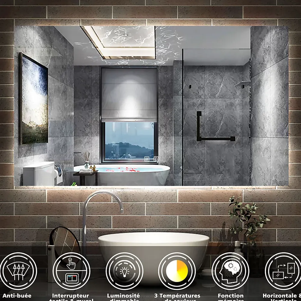 Miroir Lumineux|AICA Sanitaire Miroir de salle de bain rétro-éclairé sans cadre 100x60cm, Tricolore + Anti-buée + Mémoire + Dimmable,