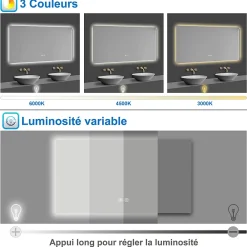 Miroir Lumineux|AICA Sanitaire Miroir de salle de bain rétro-éclairé sans cadre 100x60cm, Tricolore + Anti-buée + Mémoire + Dimmable,