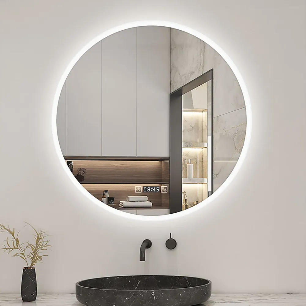 Miroir Lumineux|AICA Sanitaire Miroir de salle de bain rond 60x60cm avec Horloge, LED, Tricolore, Anti-Buée,