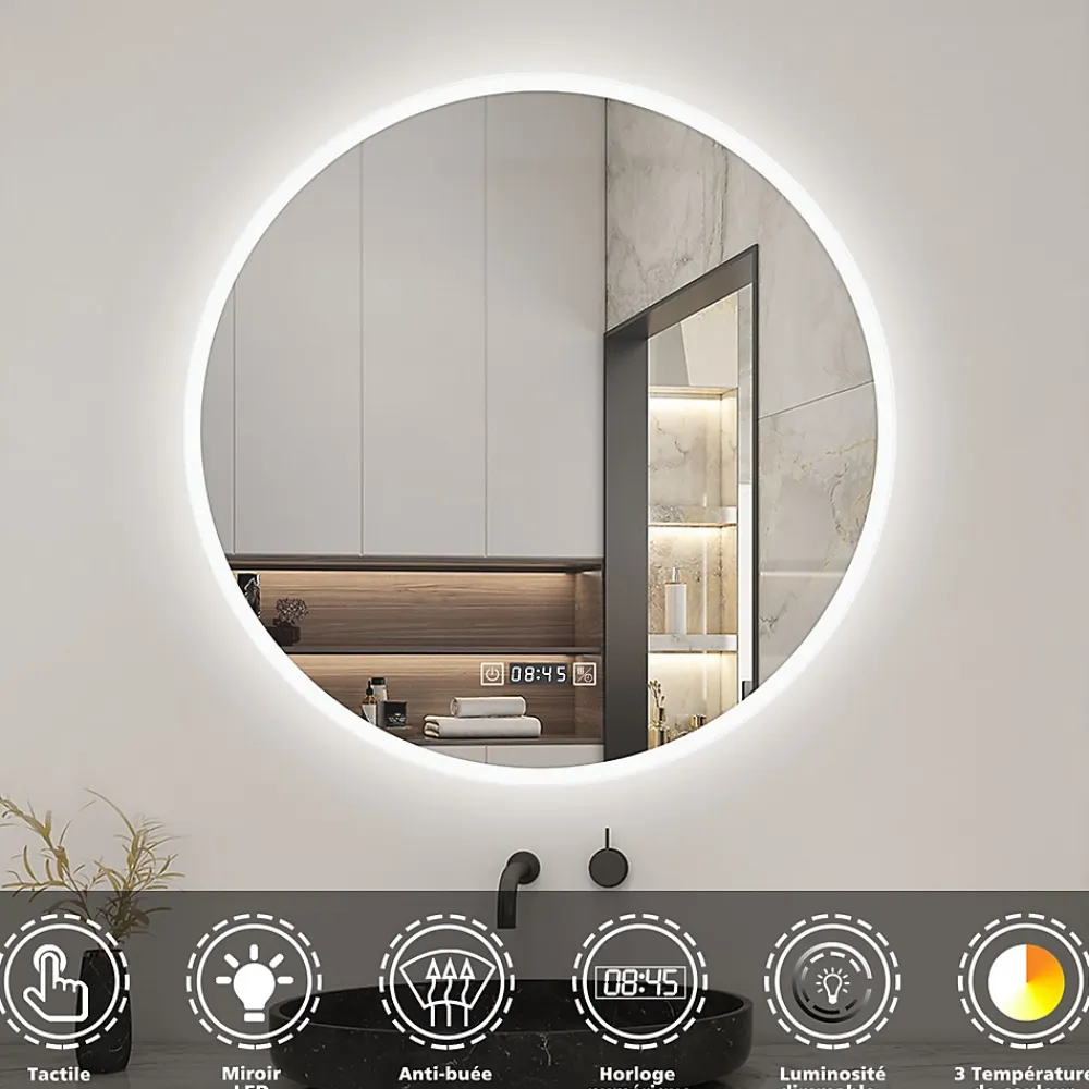 Miroir Lumineux|AICA Sanitaire Miroir de salle de bain rond 60x60cm avec Horloge, LED, Tricolore, Anti-Buée,
