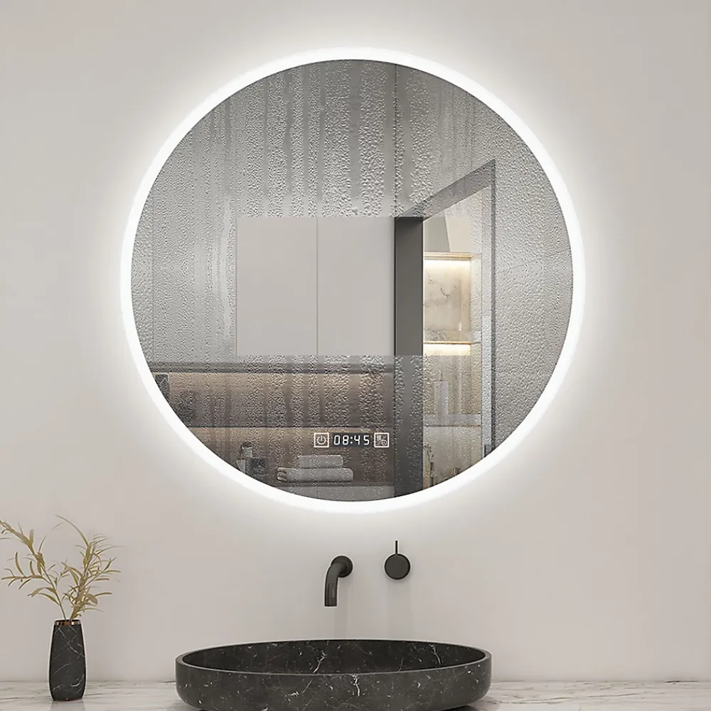 Miroir Lumineux|AICA Sanitaire Miroir de salle de bain rond 60x60cm avec Horloge, LED, Tricolore, Anti-Buée,