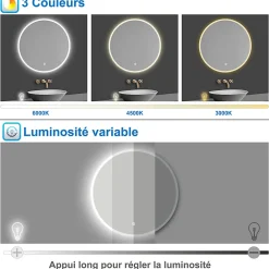 AICA Sanitaire Miroir de salle de bain rond 120x120cm LED tricolore anti-buée + mémoire + dimmable,