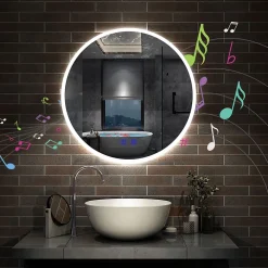Miroir Lumineux|AICA Sanitaire Miroir de salle de bain rond Bluetooth 70cm tricolore + dimmable + mémoire + anti-buée, IP44 Miroir LED,
