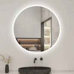 Miroir Lumineux|AICA Sanitaire Miroir de salle de bain rond 70x70cm avec Horloge, LED, Tricolore, Anti-Buée,