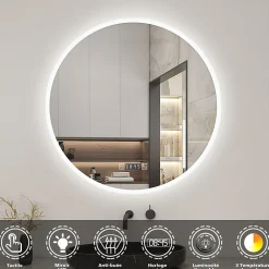Miroir Lumineux|AICA Sanitaire Miroir de salle de bain rond 70x70cm avec Horloge, LED, Tricolore, Anti-Buée,