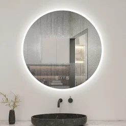 Miroir Lumineux|AICA Sanitaire Miroir de salle de bain rond 70x70cm avec Horloge, LED, Tricolore, Anti-Buée,