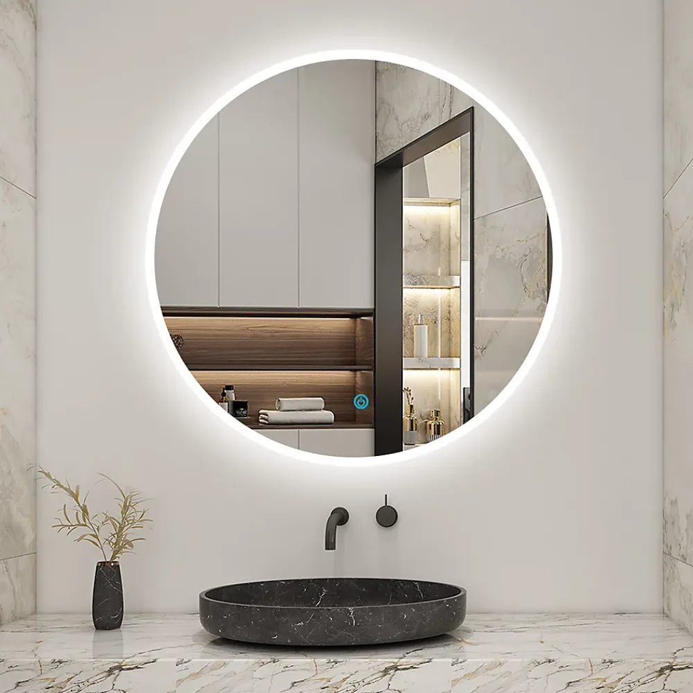 AICA Sanitaire Miroir de salle de bain rond 70x70cm LED tricolore anti-buée + mémoire + dimmable,