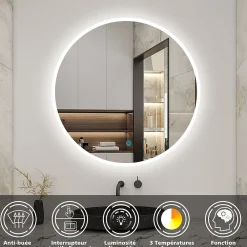 AICA Sanitaire Miroir de salle de bain rond 70x70cm LED tricolore anti-buée + mémoire + dimmable,
