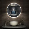 Miroir Lumineux|AICA Sanitaire Miroir de salle de bain rond 70x70cm avec Horloge, LED, Tricolore, Anti-Buée,