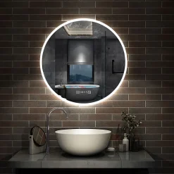 Miroir Lumineux|AICA Sanitaire Miroir de salle de bain rond 70x70cm avec Horloge, LED, Tricolore, Anti-Buée,