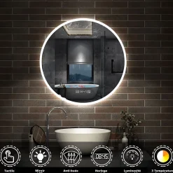 Miroir Lumineux|AICA Sanitaire Miroir de salle de bain rond 70x70cm avec Horloge, LED, Tricolore, Anti-Buée,