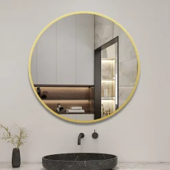 AICA Sanitaire Miroir de salle de bain rond 70cm cadre doré mat,