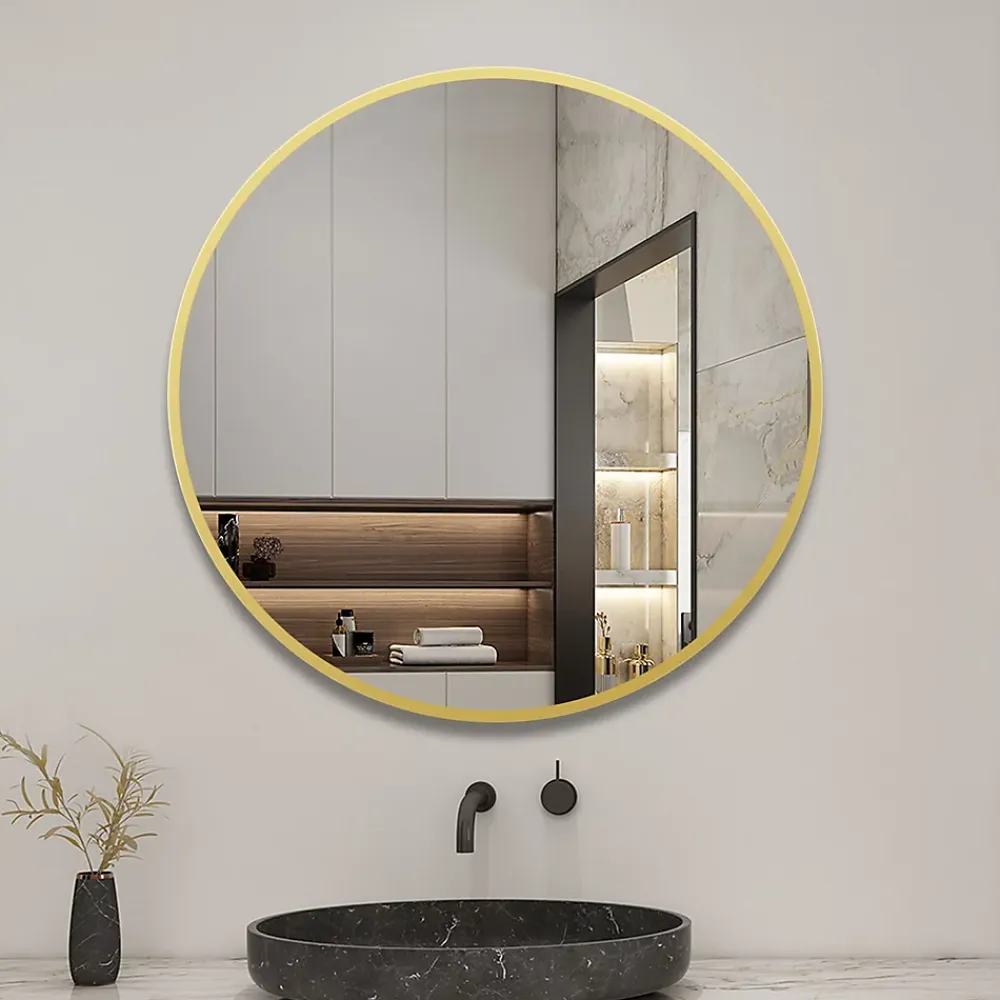 AICA Sanitaire Miroir de salle de bain rond 70cm cadre doré mat,