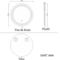 Miroir Lumineux|AICA Sanitaire Miroir de salle de bain rond led 60 cm, anti buée Lumière blanche froid 6000K tactile mural,