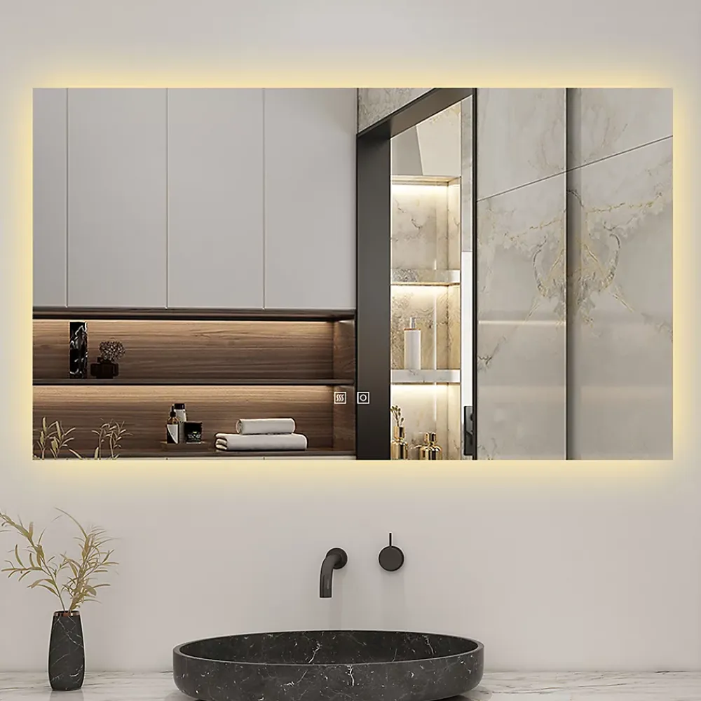 Miroir Lumineux|AICA Sanitaire Miroir de salle de bain rétro-éclairé sans cadre 90x70cm, Tricolore + Anti-buée + Mémoire + Dimmable,
