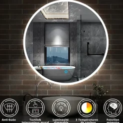 AICA Sanitaire Miroir de salle de bain rond 100x100cm LED tricolore anti-buée + mémoire + dimmable,