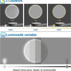 AICA Sanitaire Miroir de salle de bain rond 60x60cm LED tricolore anti-buée + mémoire + dimmable,