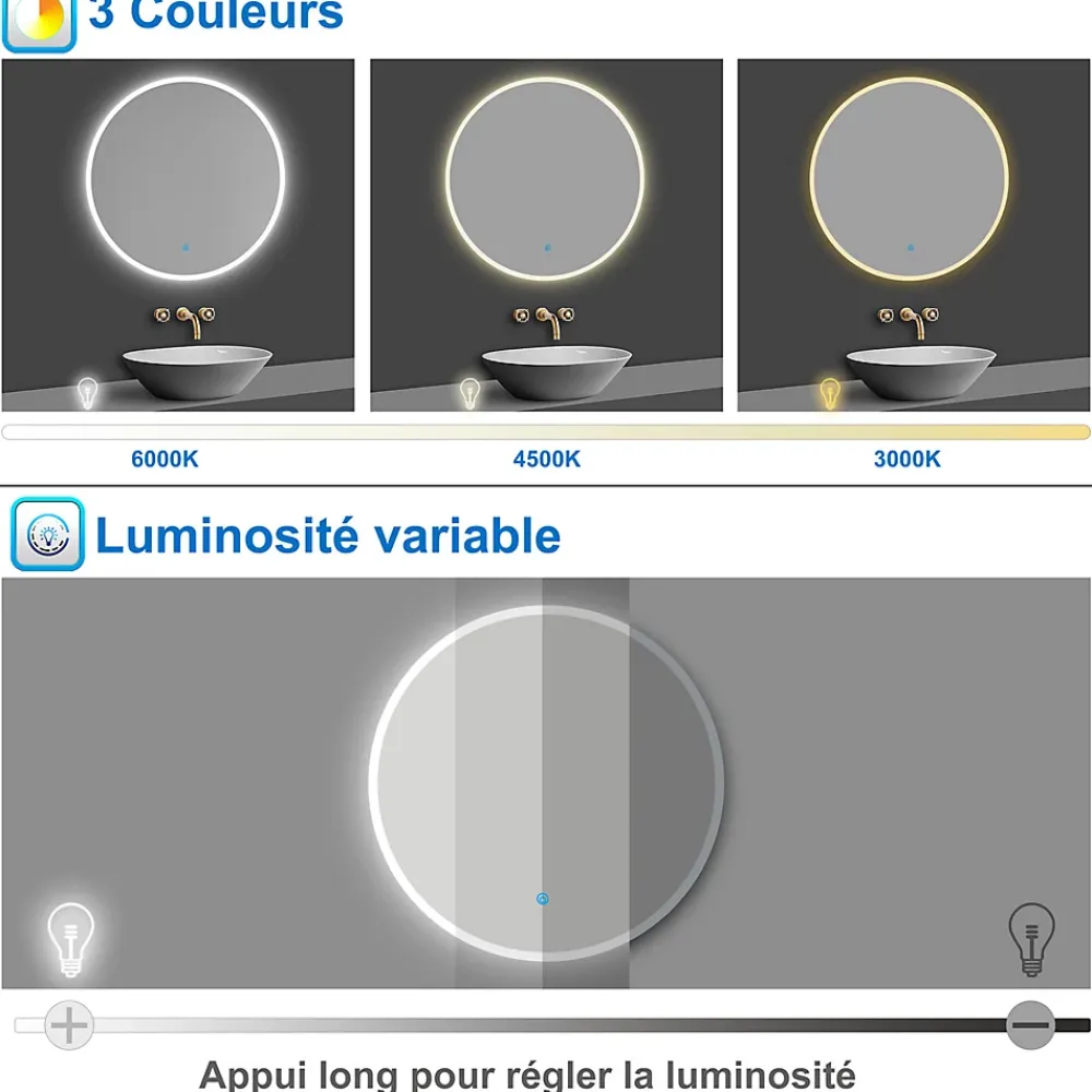AICA Sanitaire Miroir de salle de bain rond 60x60cm LED tricolore anti-buée + mémoire + dimmable,