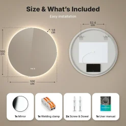 Mirlux Miroir de salle de bain rond éclairé par LED 100 cm, antibuée, sans cadre