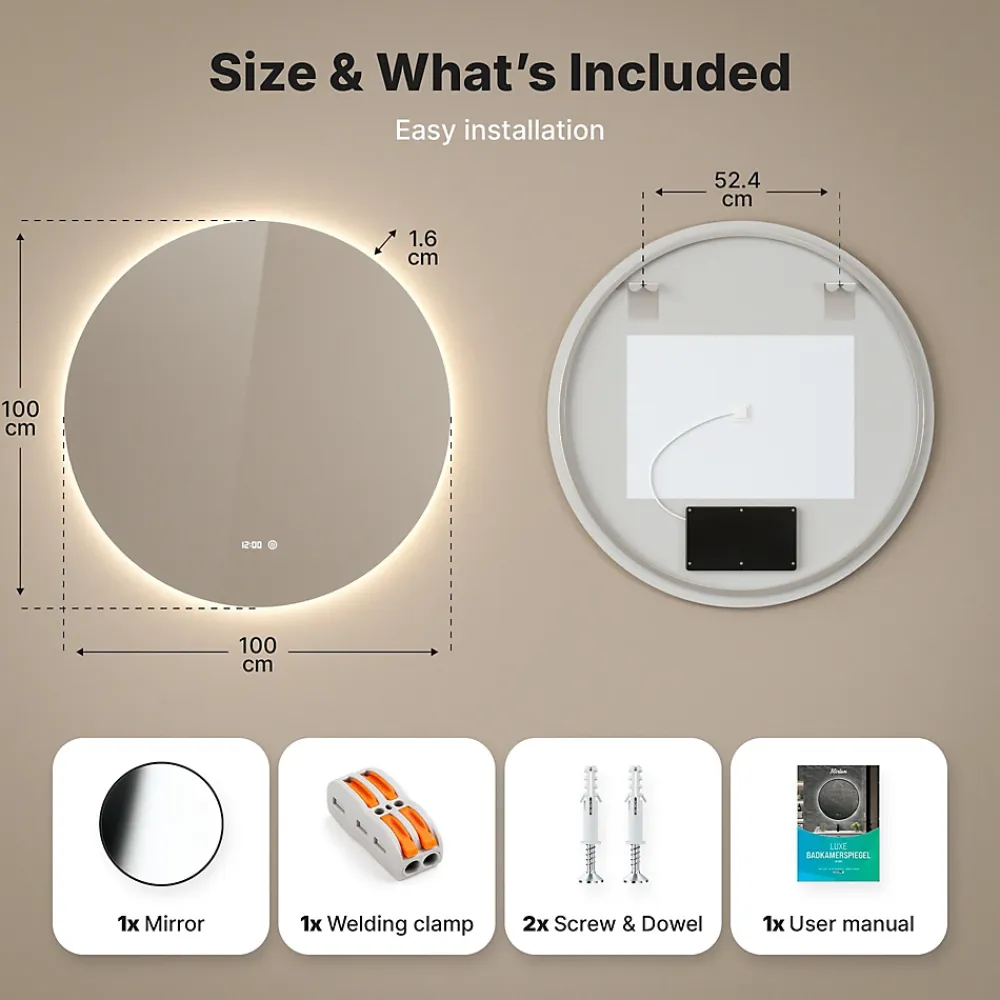 Mirlux Miroir de salle de bain rond éclairé par LED 100 cm, antibuée, sans cadre